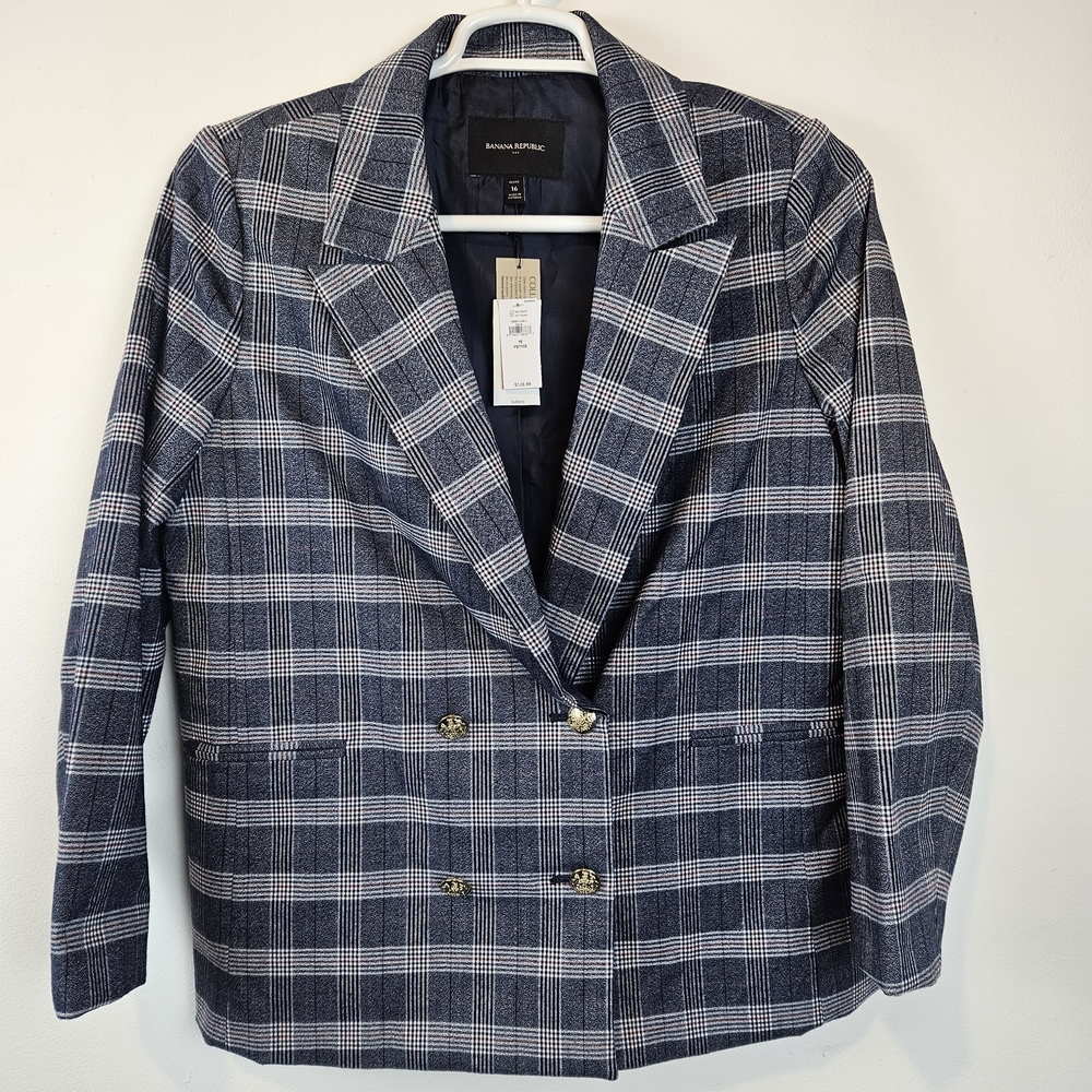 Banana Republic Women's Black, Maroon, White Plaid Blazer Size 16P